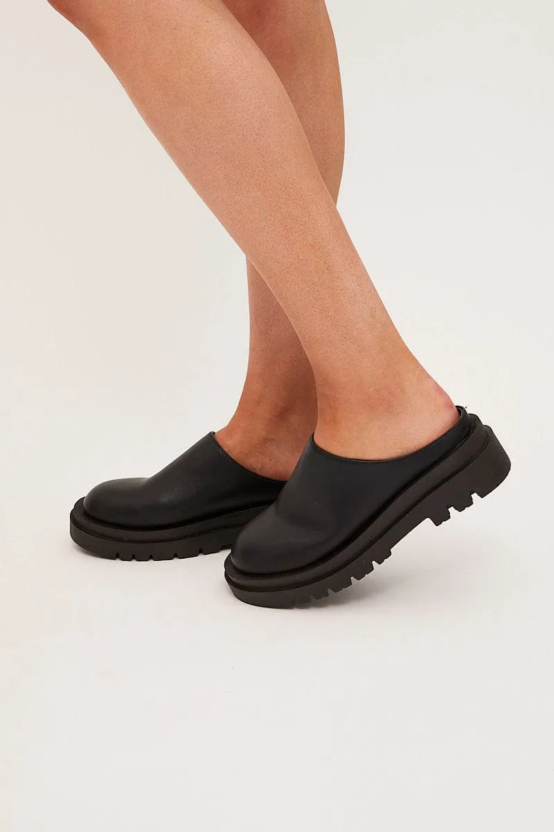 Black Chunky Sole Flat Mules