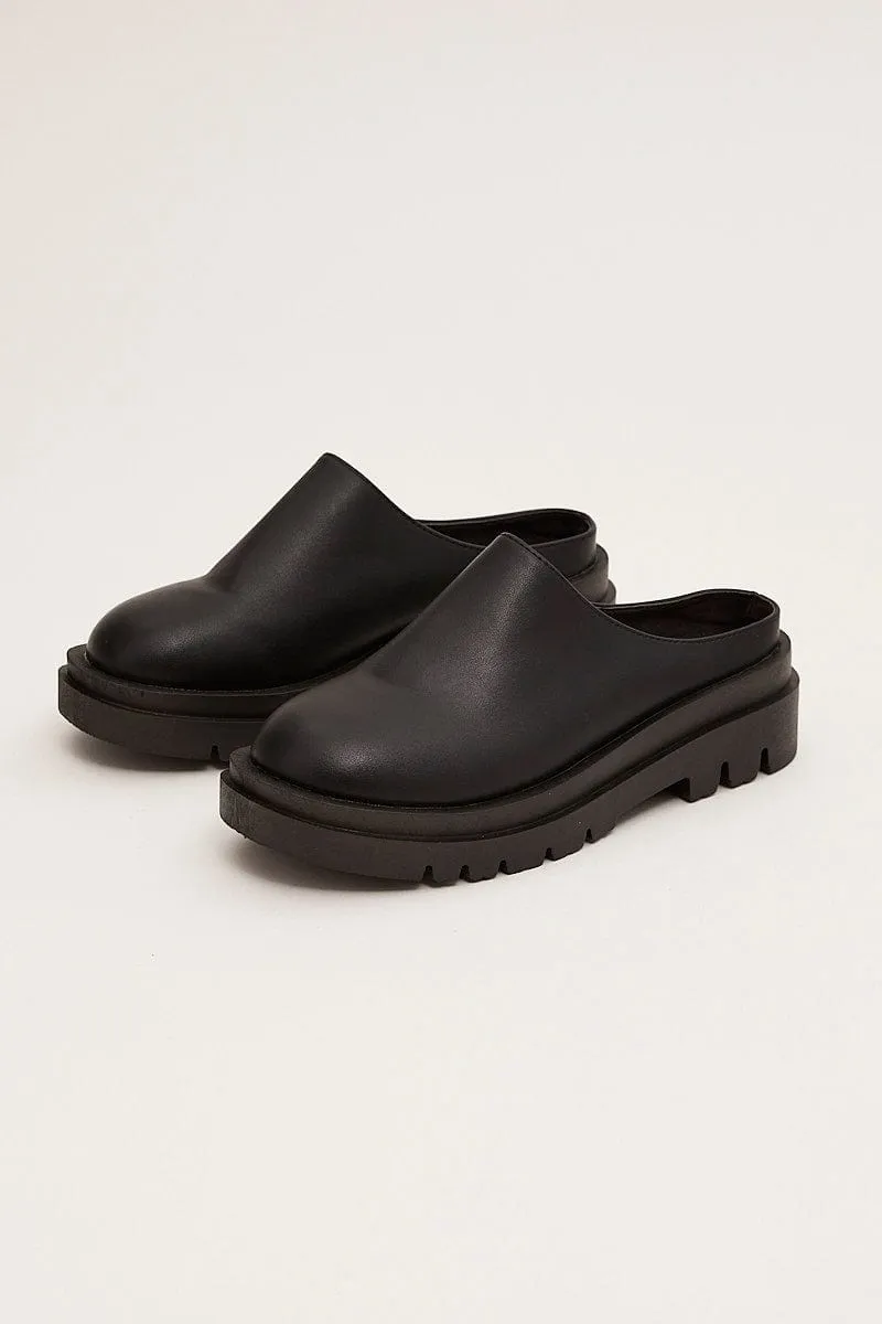 Black Chunky Sole Flat Mules