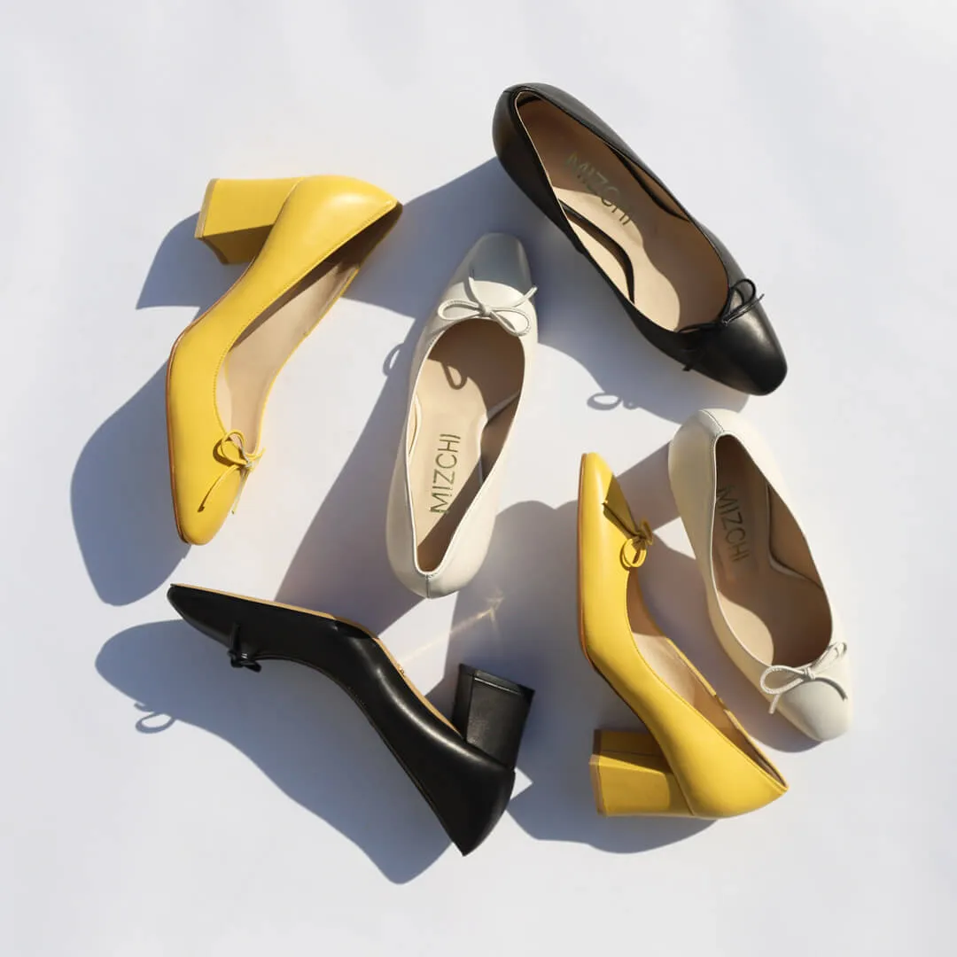 *UK size 2.5 - JANE LEATHER - yellow, 6cm heels